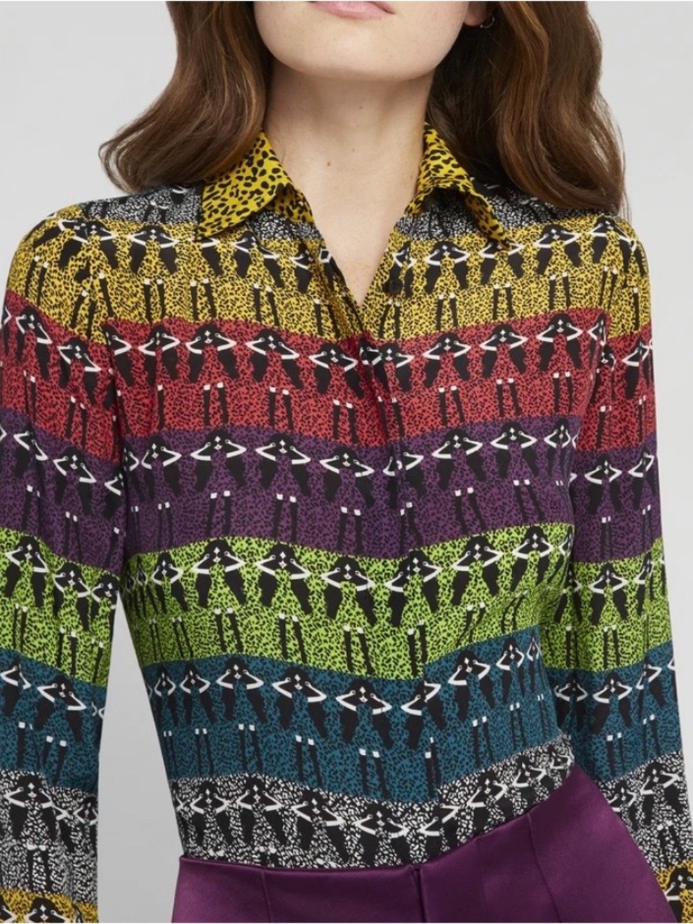 Alice + Olivia printed Willa Stace Face 100% silk button down blouse top Large